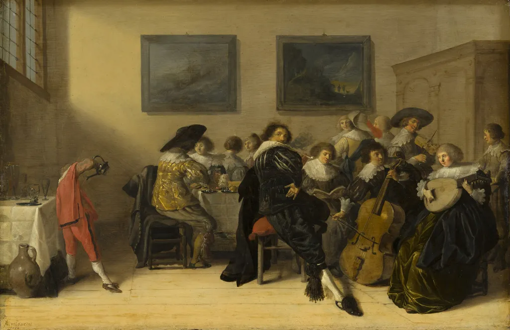 Merry Company Dining and Making Music, by Anthonie Palamedesz, oil, 1632