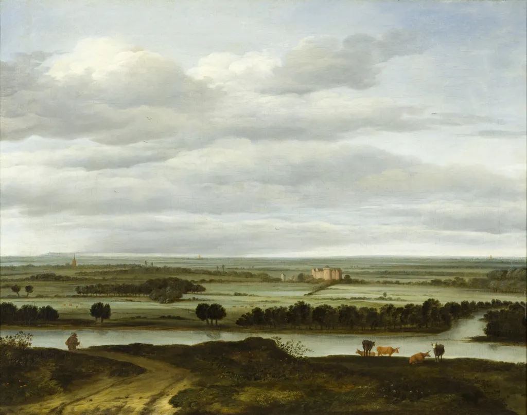 Panoramic Landscape near Rhenen with the Huis ter Lede, by Anthonie van Borssom, oil, 1668