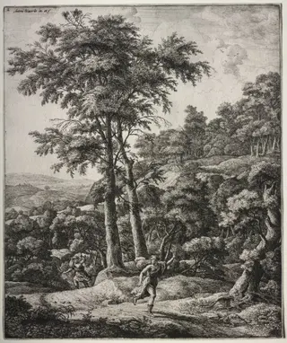 Six large upright landscapes with scenes from Ovid's Metamorphoses: Apollo and Daphne