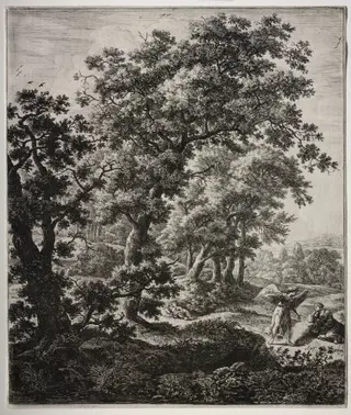 Six large upright landscapes with scenes from the Old Testament: Hagar Comforted by the Angel, by Anthonie Waterloo
