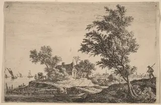 Traveler Passing Two Large Trees