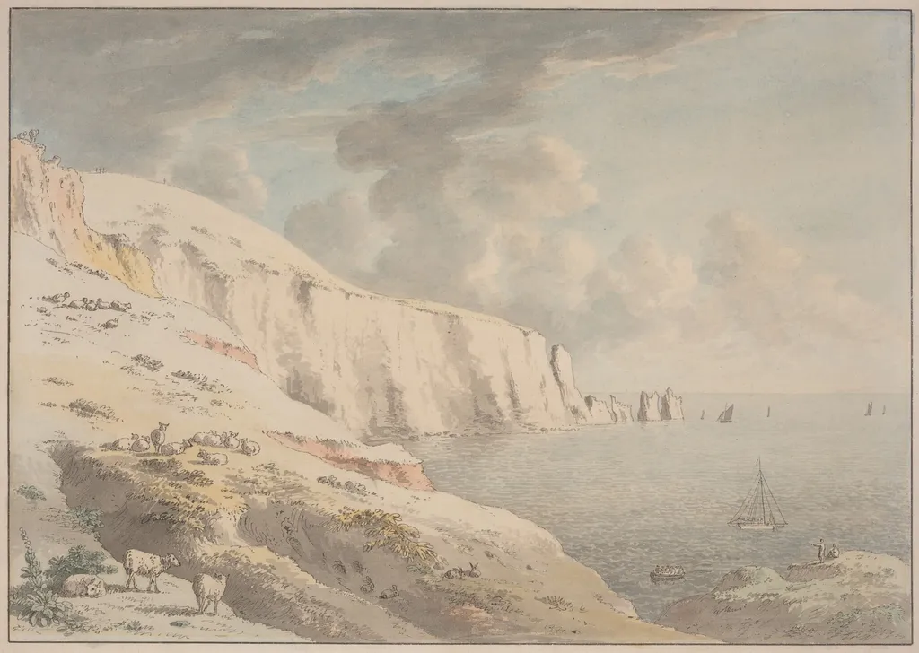 View of the Needles, and White Cliffs Taken from Allum Bay, Isle of Wight, by Anthony Devis, graphite, 1776