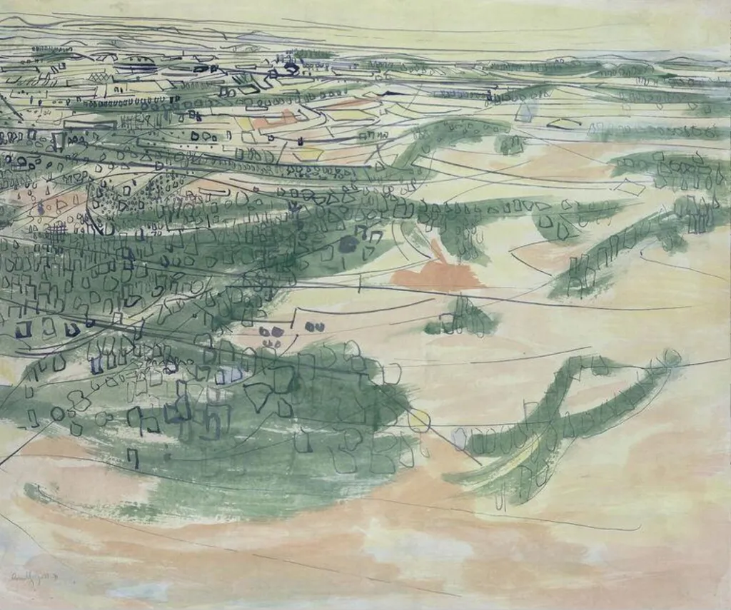 Distant Landscape with Woods, by Anthony Gross, watercolor, 1950