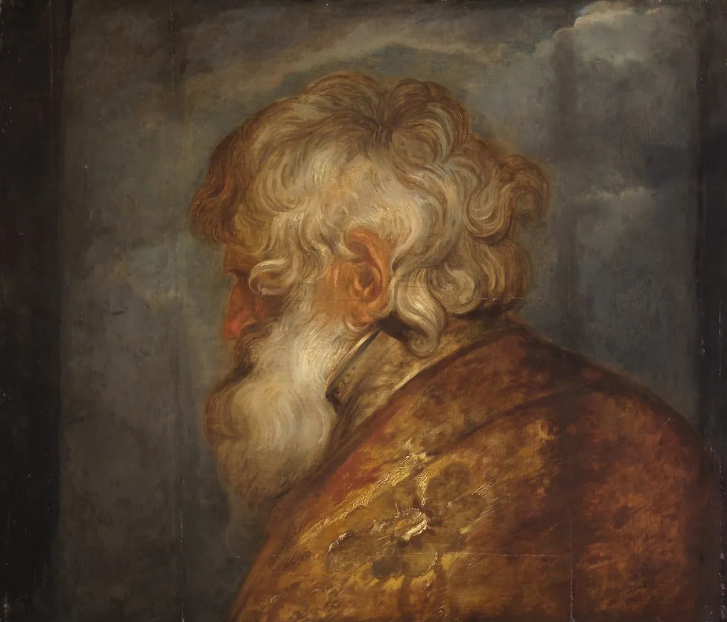 Study head of an old man, hunched over to the left, by Anthony van Dyck, oil, 1618