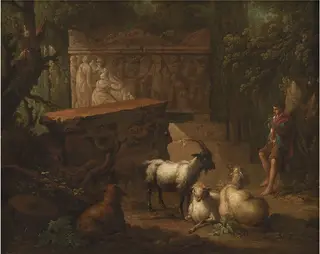 Antikke ruiner omgivet af træer, i forgrunden en hyrde og nogle geder, by Johan Edvard Mandelberg