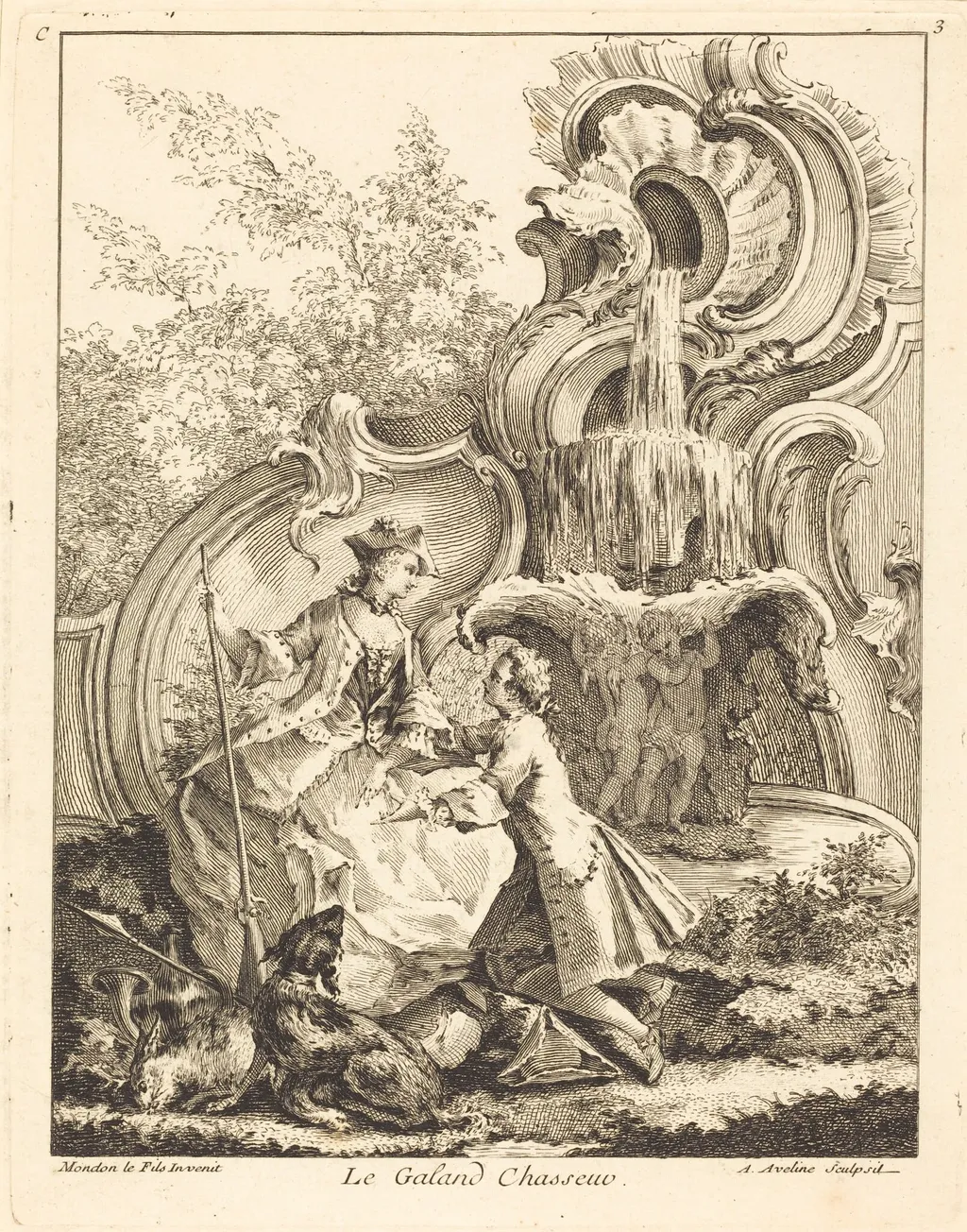 Le Galand Chasseur, by Antoine Aveline, ink, 1736
