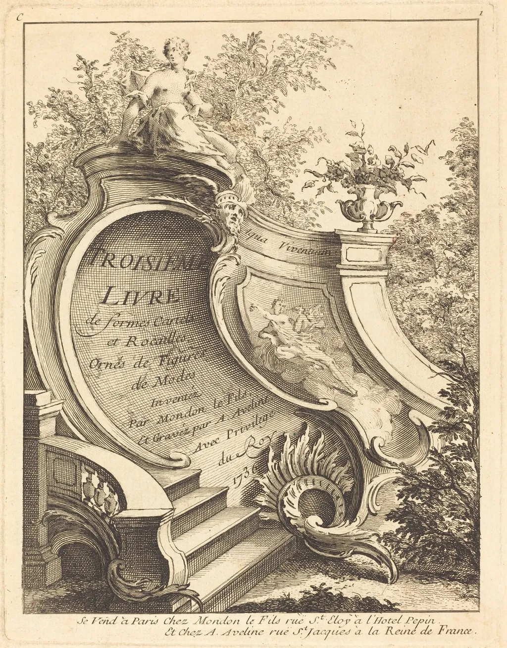 Troisieme livre de formes Cartels et Rocailles (Title Page), by Antoine Aveline, ink, 1736