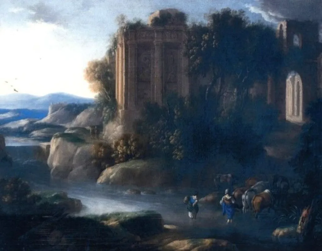 Peisaj cu ruine, personaje și animale, by Antoine Benoît Dubois, unspecified