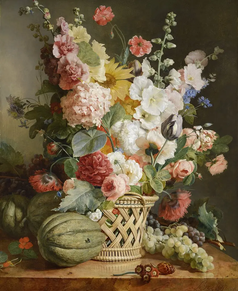 Fruits et fleurs dans une corbeille d'osier, by Antoine Berjon