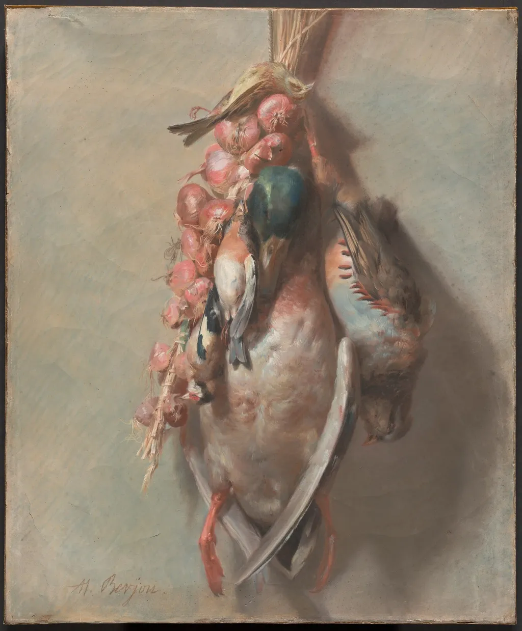 Hunting Trophy with Mallard, Partridge, Goldfinches, and Onions, by Antoine Berjon, pastel, 1810