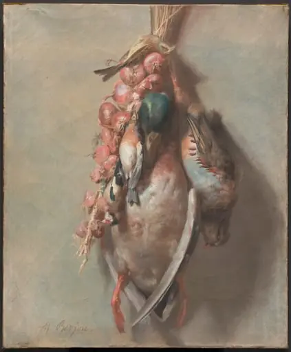 Hunting Trophy with Mallard, Partridge, Goldfinches, and Onions, by Antoine Berjon