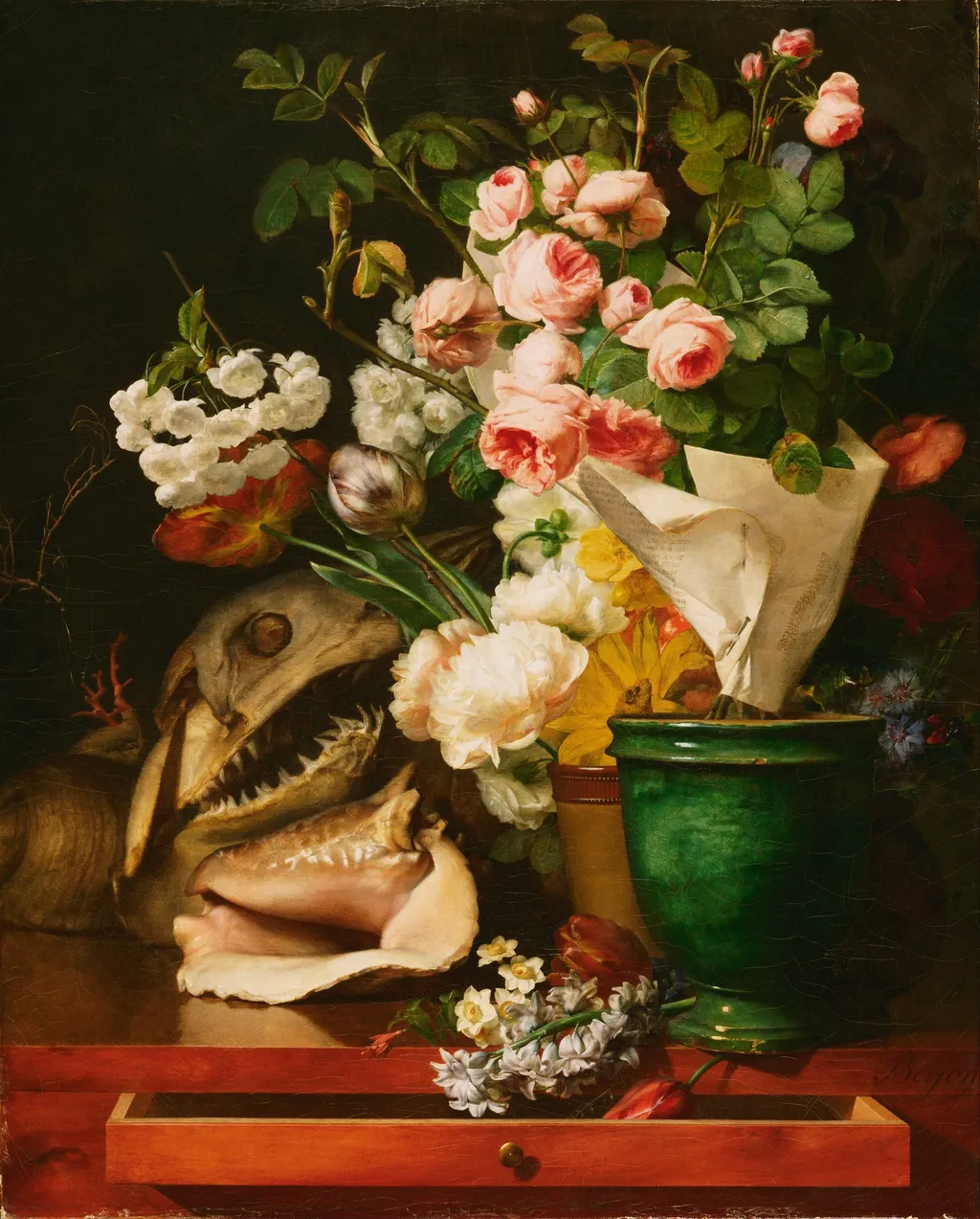 Still Life with Flowers, Shells, a Shark's Head, and Petrifications, by Antoine Berjon, oil, 1819