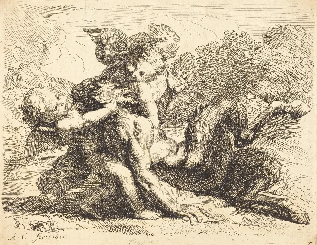 Pan Overcome by Putti, by Antoine Coypel, ink, 1692
