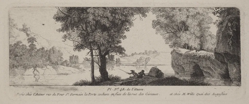 River Landscape with an Angler, by Antoine de Marcenay de Ghuy, ink, 1773