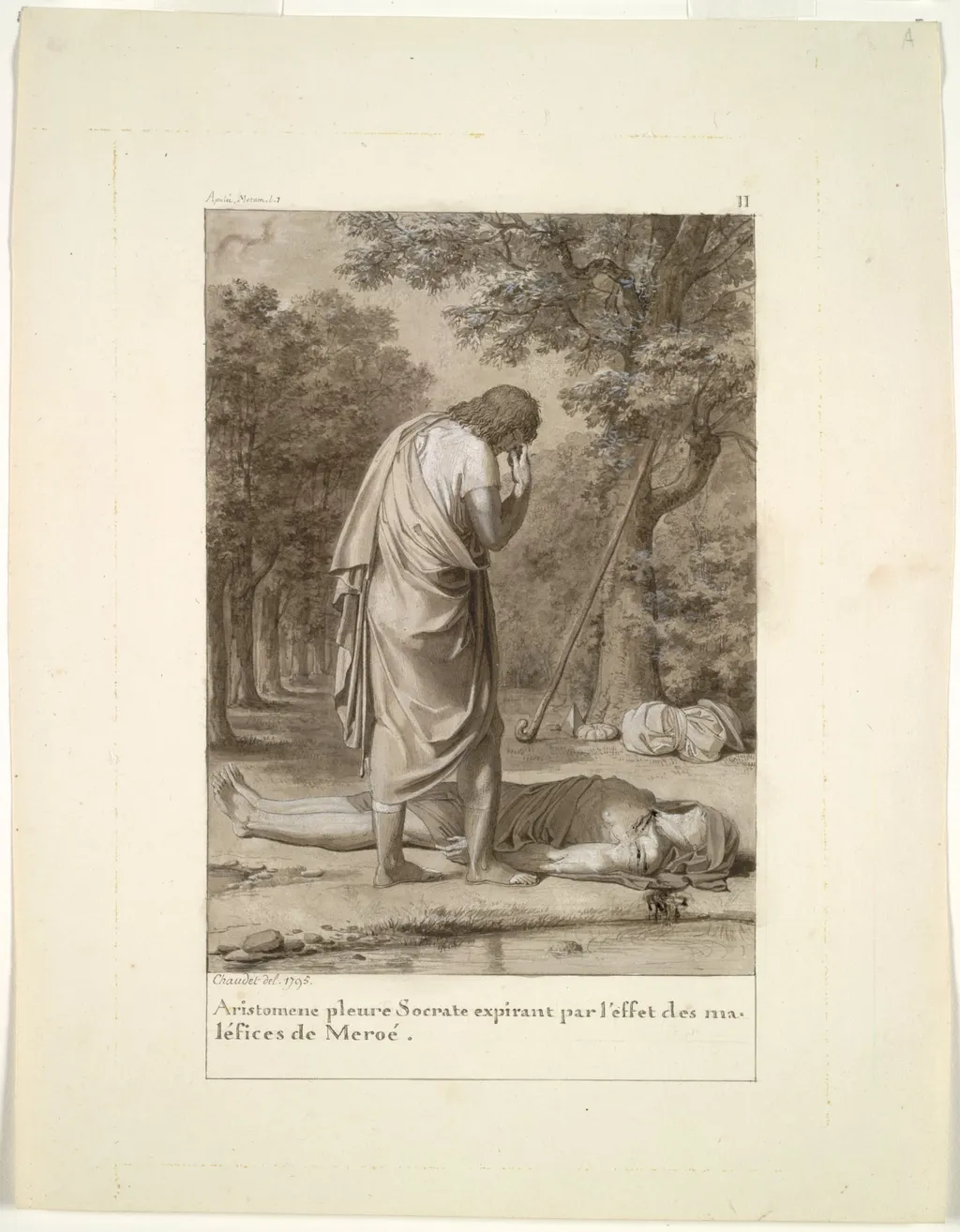 Aristomenes Mourning the Death of Socrates from the Bewitchment of Meroë (from Book 1 of Apuleius, "The Golden Ass"), by Antoine Denis Chaudet, 1795