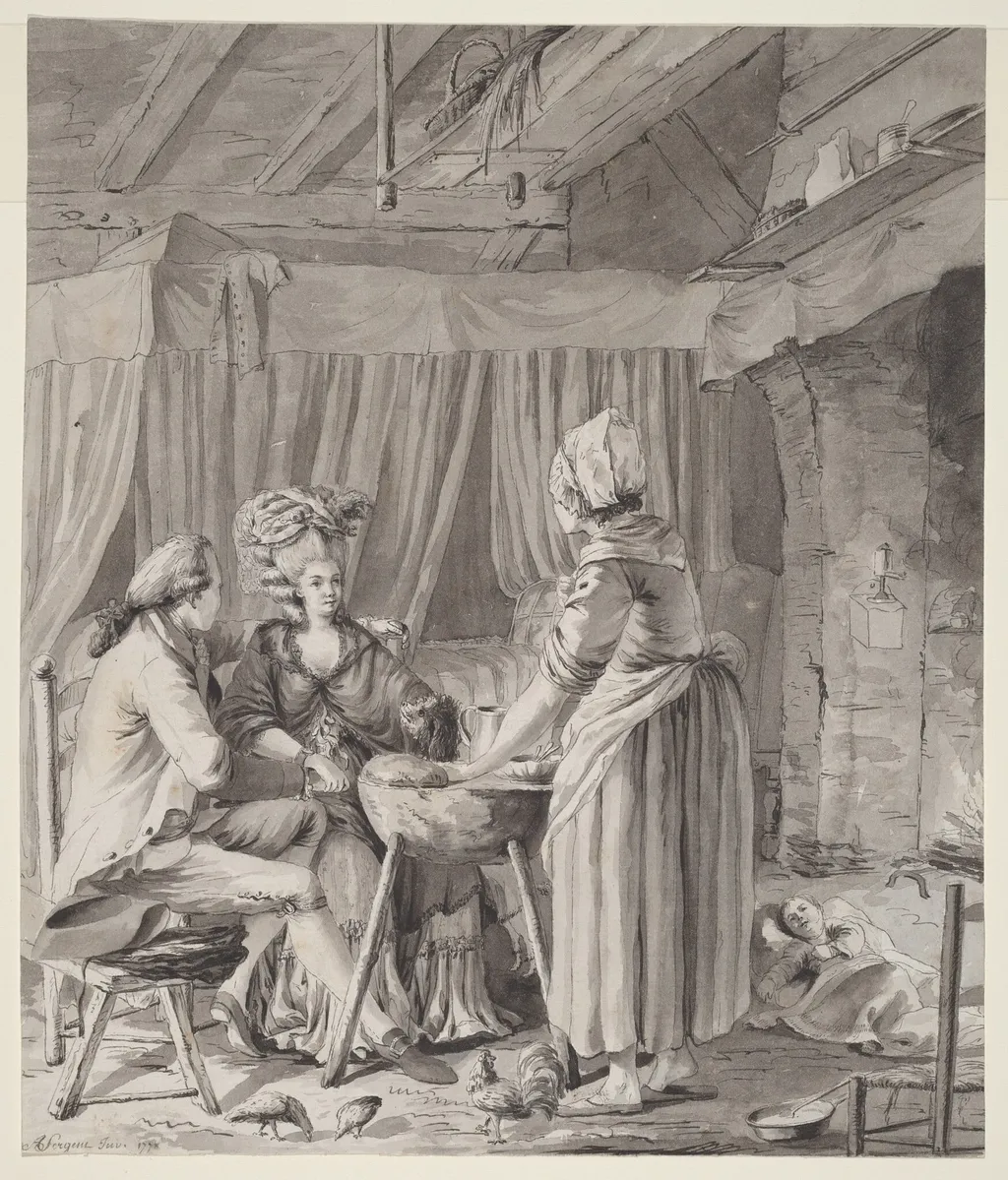 Elegant Couple Lunching in a Country Cottage, by Antoine-François Sergent, ink, 1778