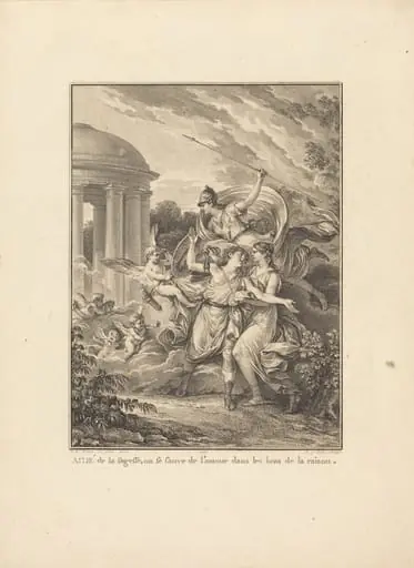 Frontispiece: Aidé de la sagesse, on se sauve de l'amour dans les bras de la raison, by Antoine-Jean Duclos