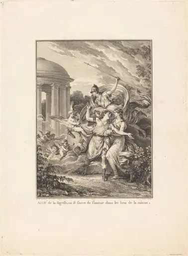 Frontispiece: Aidé de la sagesse, on se sauve de l'amour dans les bras de la raison, by Antoine-Jean Duclos