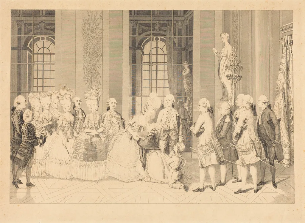 La Reine annonçant à Mme Bellegarde, des Juges, et la liberté de son mari en mai 1777, by Antoine-Jean Duclos, ink, 1779