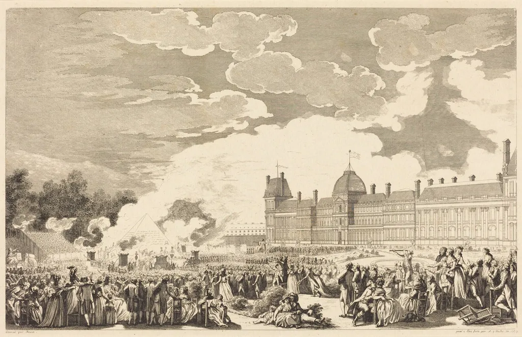 Pompe funèbre en l'honneur des Martyrs de la journée du 10, dans le Jardin National le 26 Aout 1792, by Antoine-Jean Duclos, ink, 1794