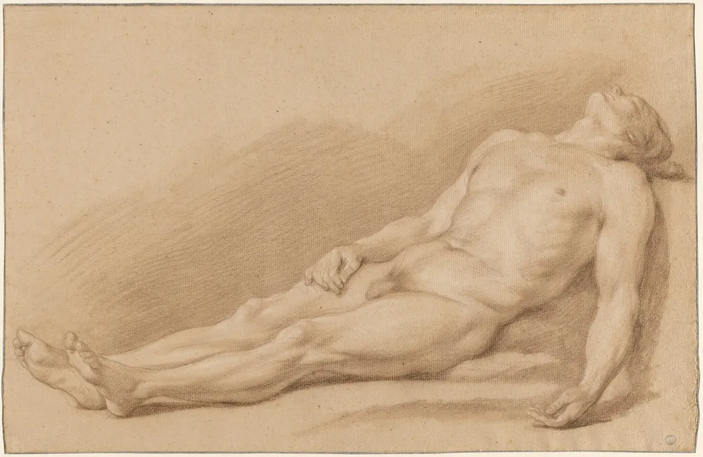 An Academy Study of a Reclining Male Nude, by Antoine-Joseph Guibert, chalk, 1850