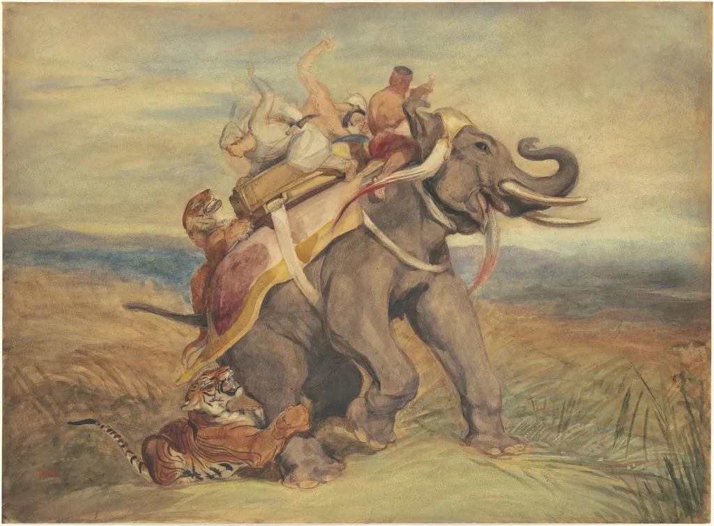The Tiger Hunt, by Antoine-Louis Barye, watercolor, 1836