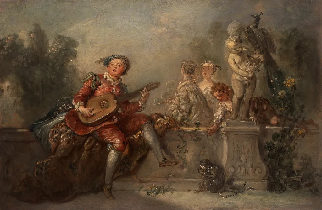 Lute Player with Company in a Park, by Antoine Pesne, oil, 1743
