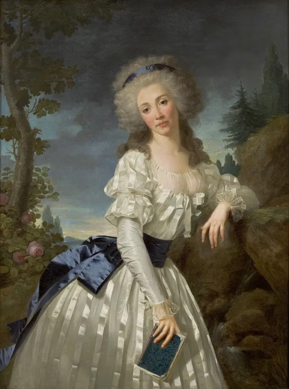 Retrato de uma dama com livro junto a uma fonte, by Antoine Vestier, oil, 1793