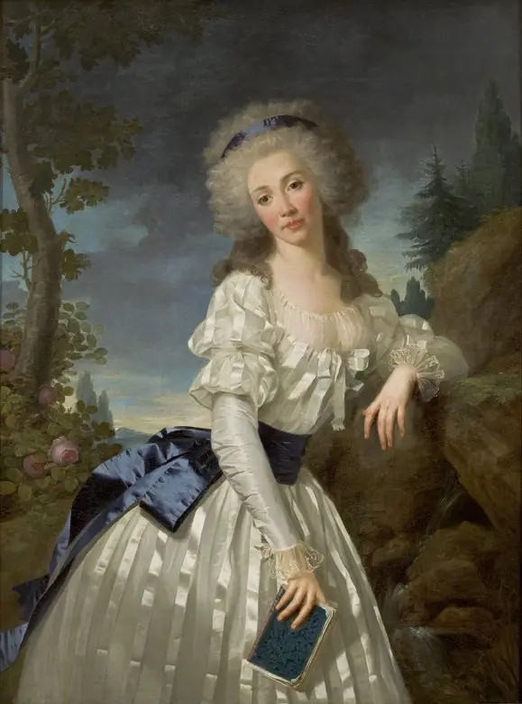 Retrato de uma dama com livro junto a uma fonte, by Antoine Vestier