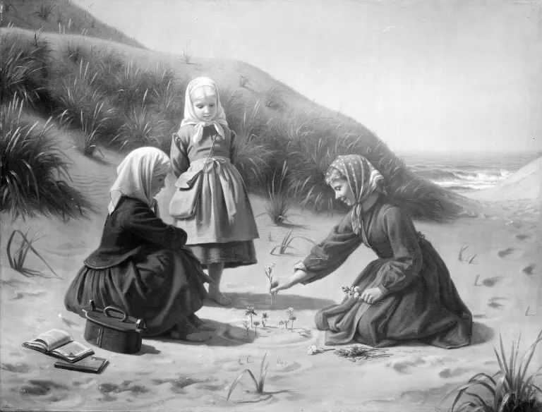 Småpiger som leger i klitterne på vej hjem fra skole, by Anton Dorph, oil, 1863