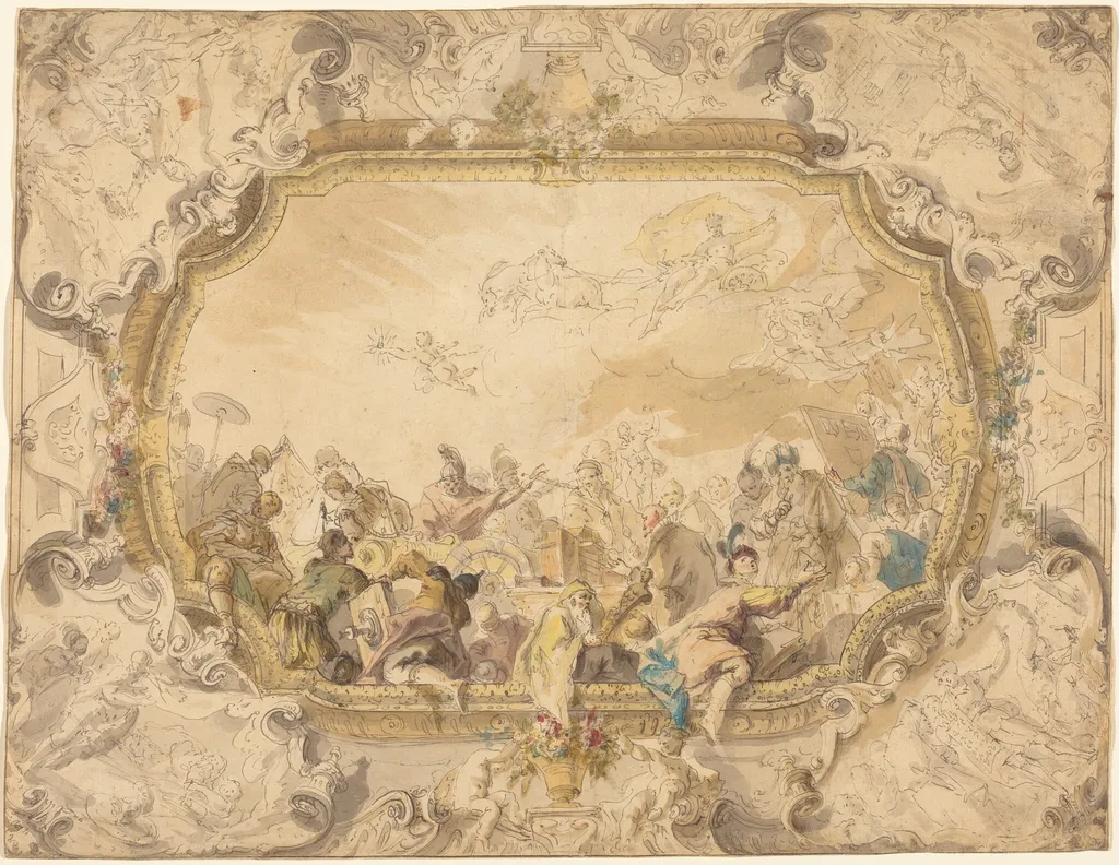 A Ceiling with Apollo Presiding over Military and Historical Learning, by Anton Kern, ink, 1744