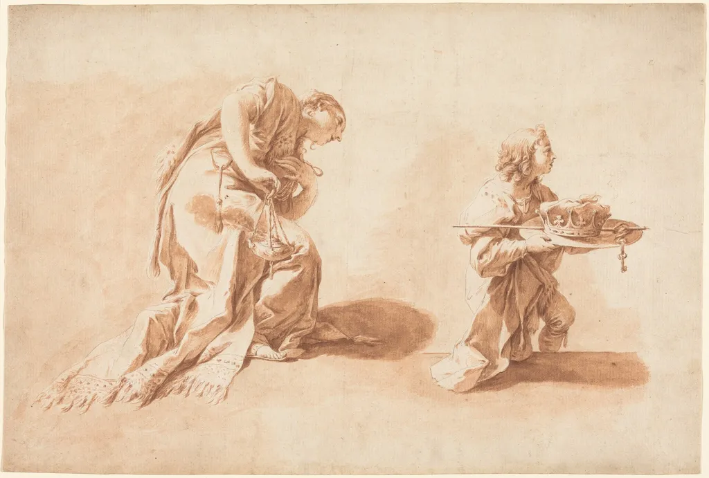 A Kneeling Woman with an Incense Burner and a Page Holding a Crown and Scepter, by Anton Kern, chalk, 1726