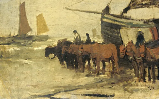 Launching a fishing boat (type 'Pink') in the sea