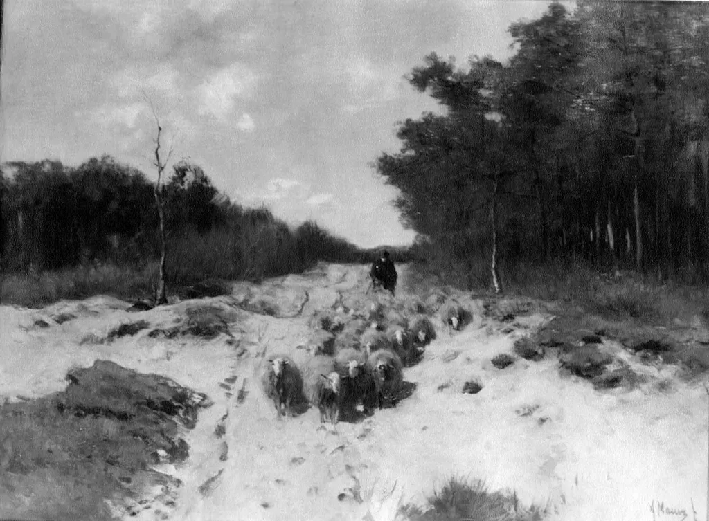 Shepherd and Sheep on a Woodland Road, by Anton Mauve, oil, 1873