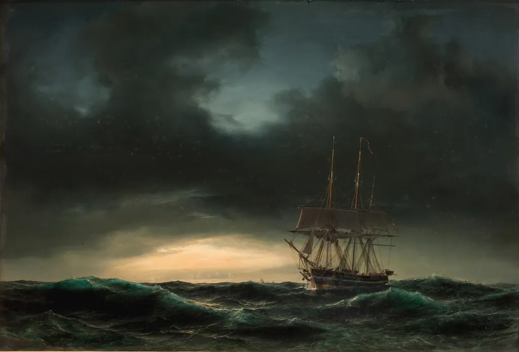 En dansk korvet i rum sø efter en storm, by Anton Melbye, oil, 1848