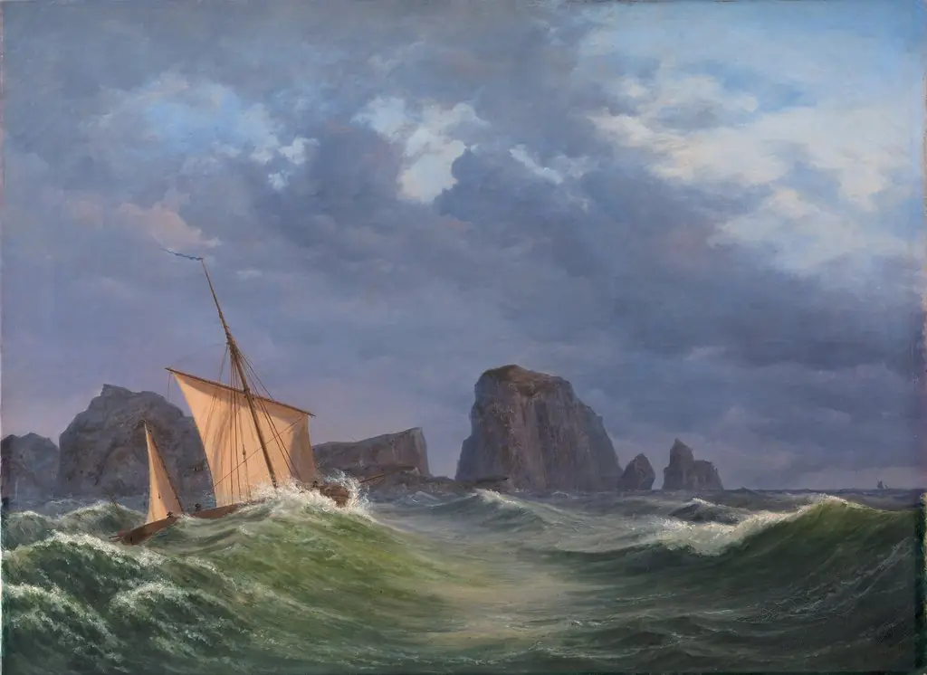 En shetlandsk fiskerbåd i stormfuldt vejr nord for Orkneyøerne, by Anton Melbye
