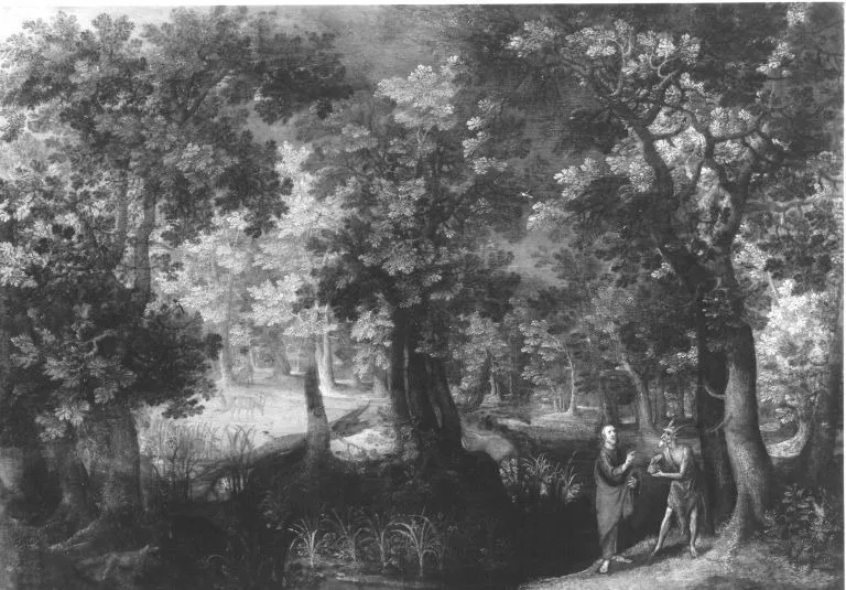 Wooded landscape with the temptation of Christ (Matthew 4: 3-10, Mark 1: 12-13; Luke 4: 1-13), by Anton Mirou, oil, 1607