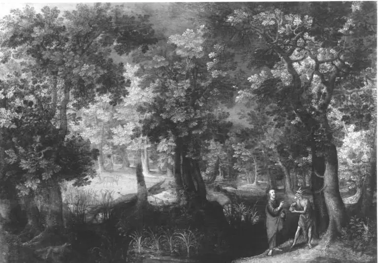 Wooded landscape with the temptation of Christ (Matthew 4: 3-10, Mark 1: 12-13; Luke 4: 1-13), by Anton Mirou