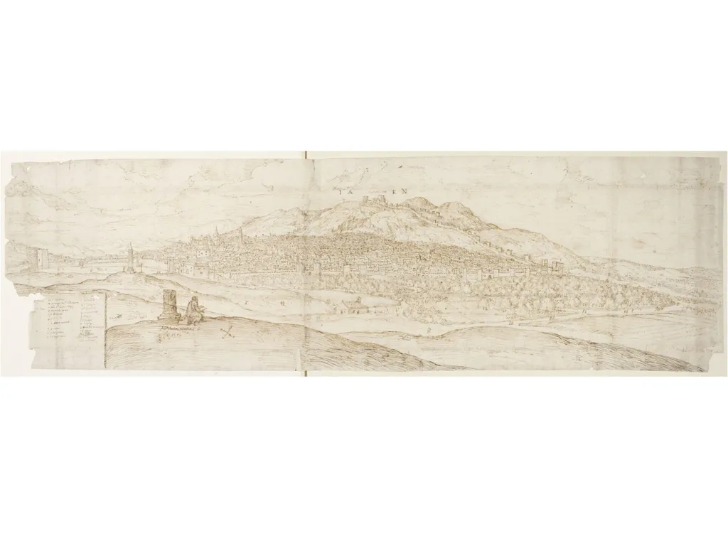 Panoramic View of Jaén, with the Figure of a Man Sketching in the Foreground, by Anton van den Wyngaerde, 1567
