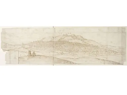 Panoramic View of Jaén, with the Figure of a Man Sketching in the Foreground, by Anton van den Wyngaerde