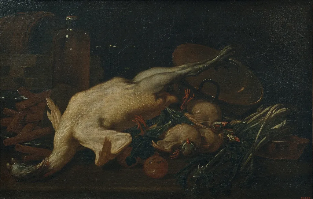Still Life with Vegetables, Turkey, other Fowl and Wafers, by Antoni Viladomat i Manalt, oil, 1750