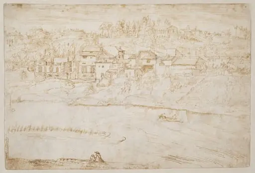 View of the Janiculum Hill Seen from the Tiber (recto), by Antonie van den Wyngaerde