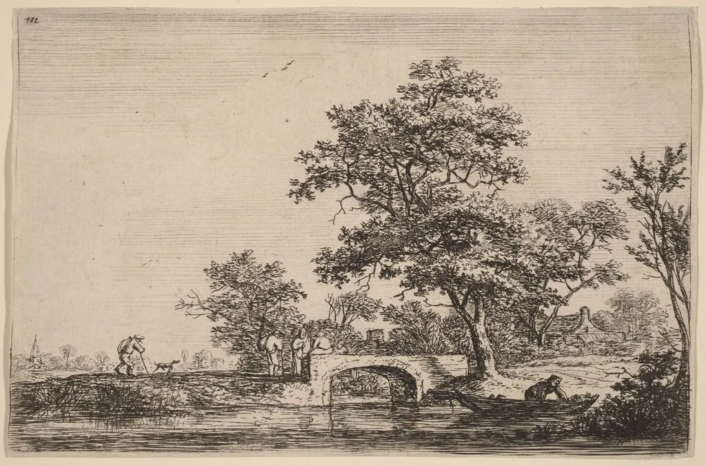 Four Men on a Stone Bridge, by Antonie Waterloo, ink, 1650