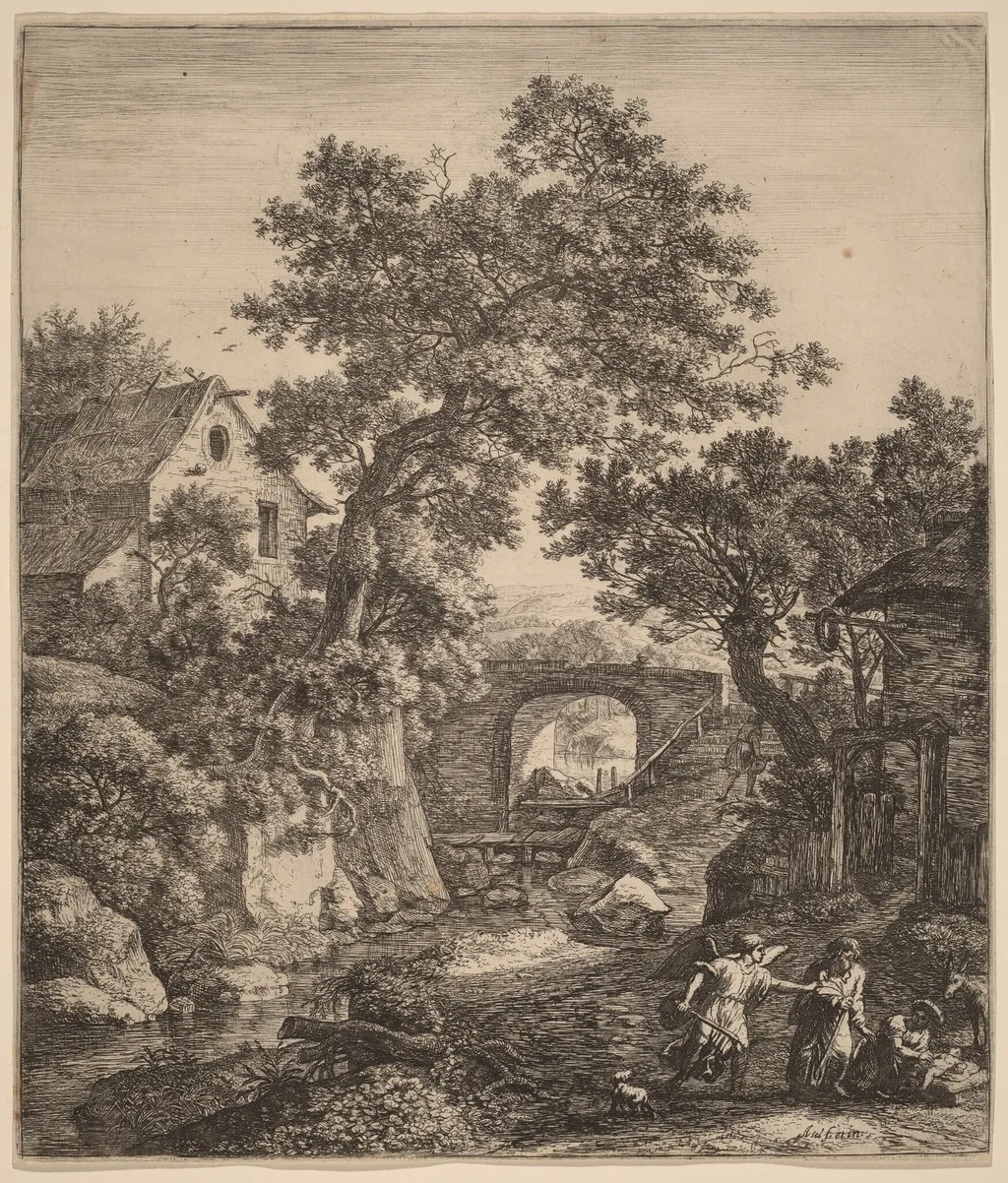 Landscape with the Circumcision of Moses' Son, by Antonie Waterloo, ink, 1650