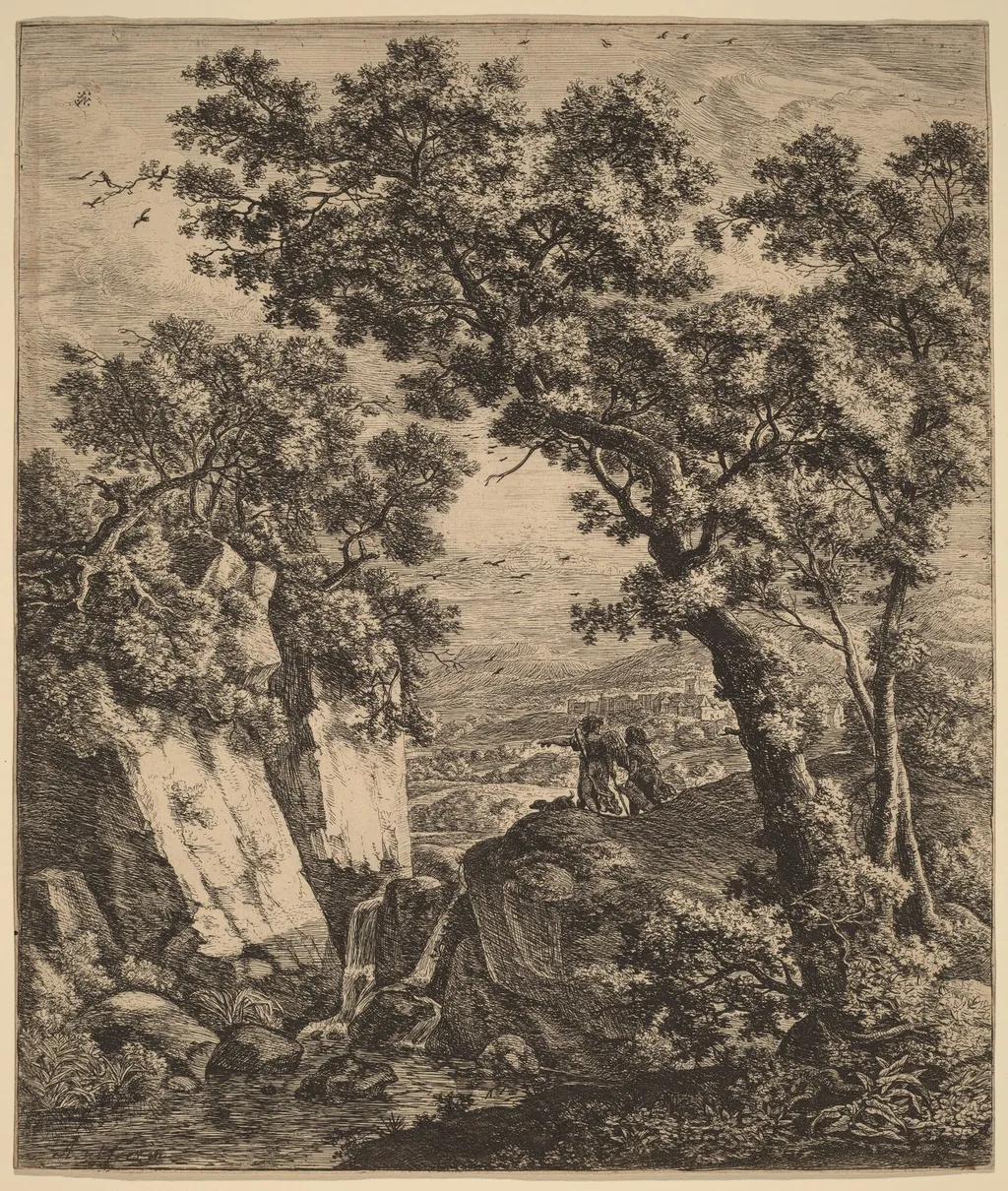 Landscape with Tobias and the Angel, by Antonie Waterloo, ink, 1650