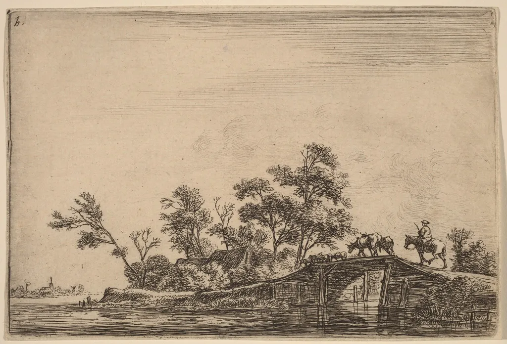 Rider and Flock on a Bridge, by Antonie Waterloo, ink, 1650