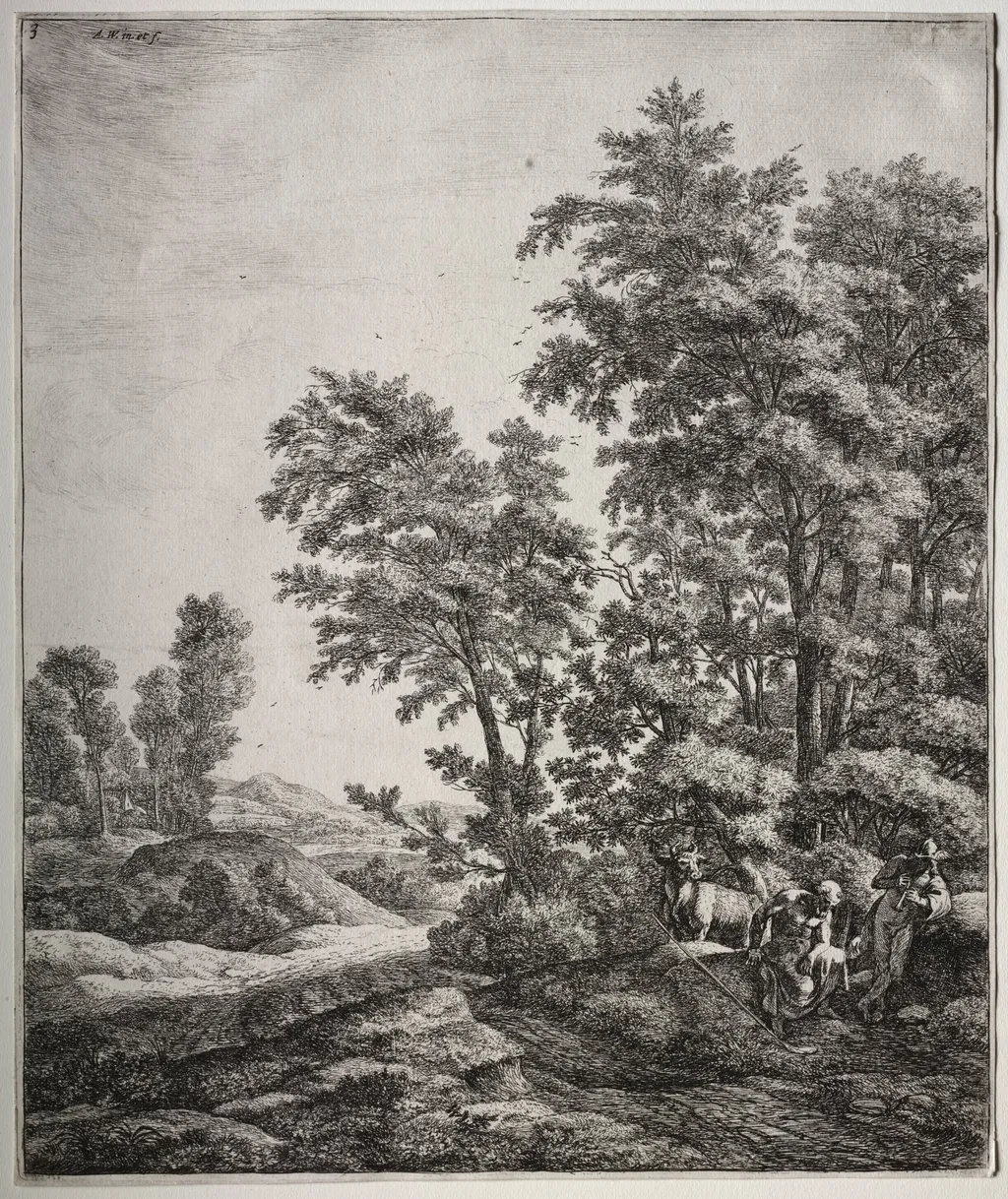Six large upright landscapes with scenes from Ovid's Metamorphoses: Mercury and Argus, by Antonie Waterloo, 1665