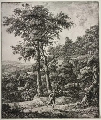Six large upright landscapes with scenes from Ovid's Metamorphoses: Apollo and Daphne, by Antonie Waterloo