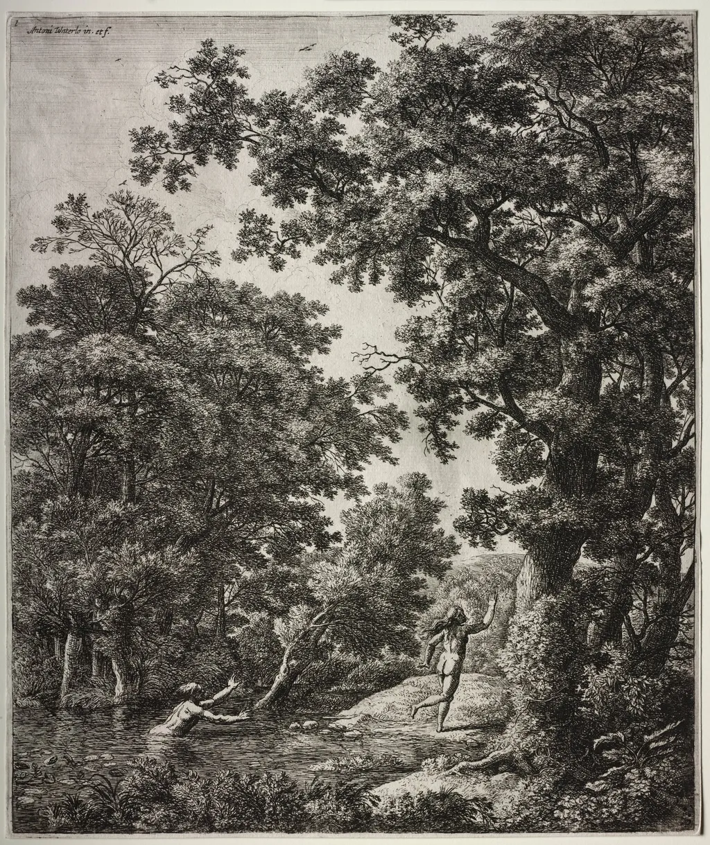 Six large upright landscapes with scenes from Ovid's Metamorphoses: Alpheus and Arethusa, by Antonie Waterloo, 1665