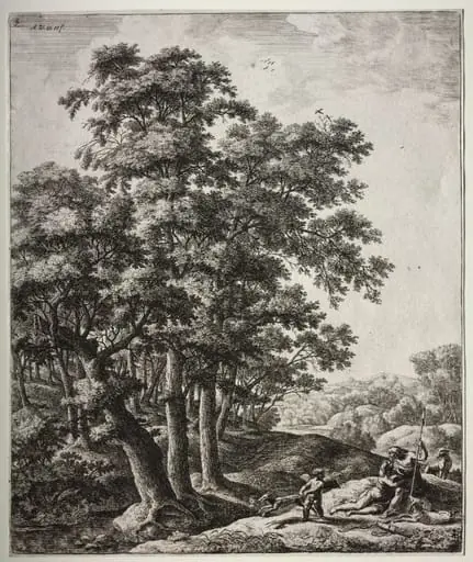 Six large upright landscapes with scenes from Ovid's Metamorphoses: Venus and Adonis, by Antonie Waterloo